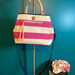 Tommy Hilfiger Pink and Cream Striped Tote Purse with Gold Hardware